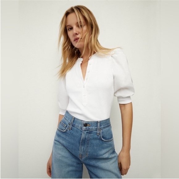Veronica Beard Tops - Veronica Beard Coralee White Puff Sleeve Ribbed Classic Stylish Top Size Small